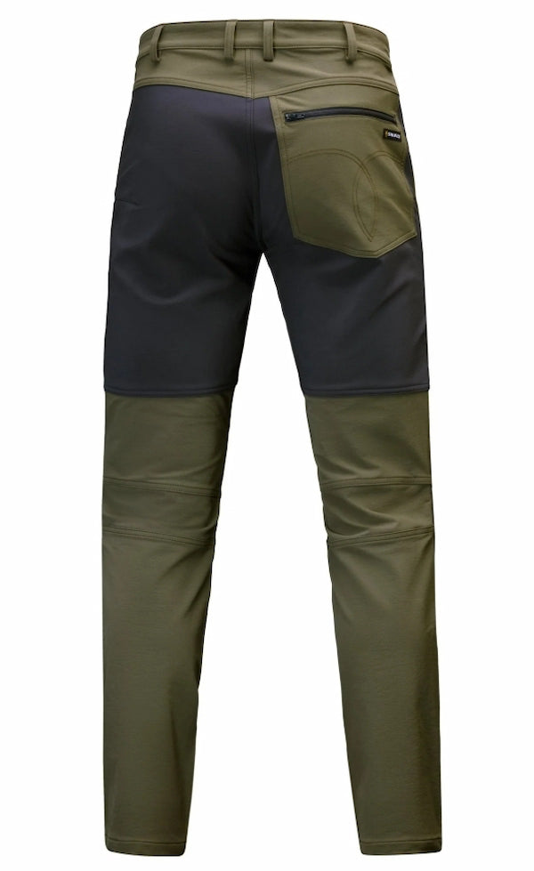 Two-tone green and black pants on a white background