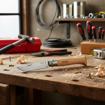Opinel knife on a wooden workbench with tools and equipment in the background