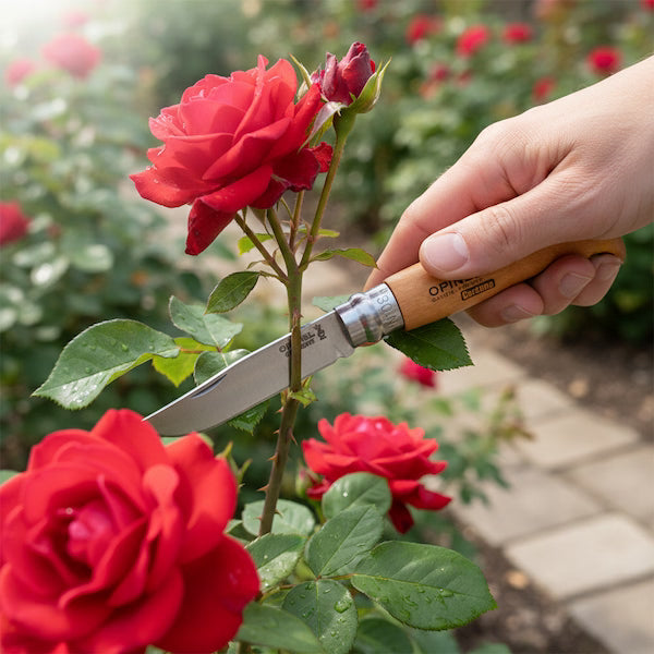 Hand using a knife to trim a red rose bush with blurred garden background