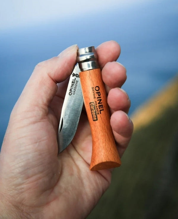 Hand holding a wooden-handled folding knife with 'Opinel' branding against a blurred natural background.