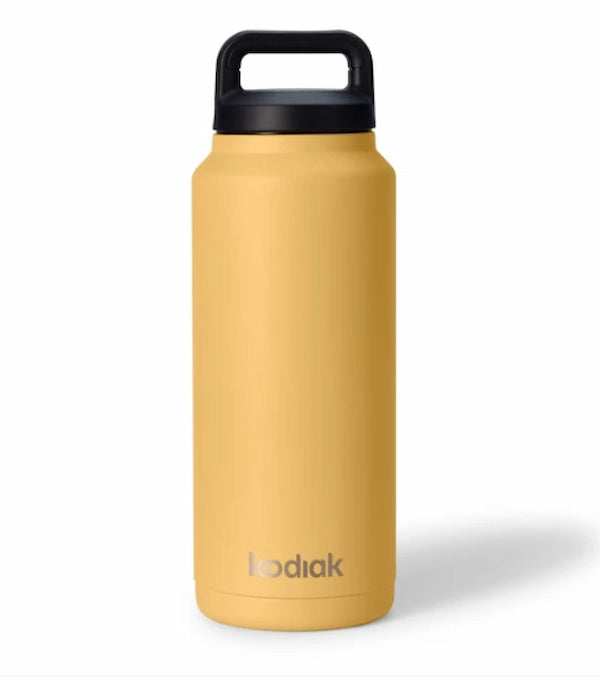 Yellow insulated bottle with black lid on a white background