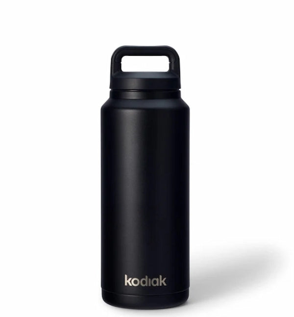 Black insulated water bottle with 'Kodiak' branding on a white background