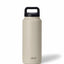 Beige water bottle with black lid on a white background