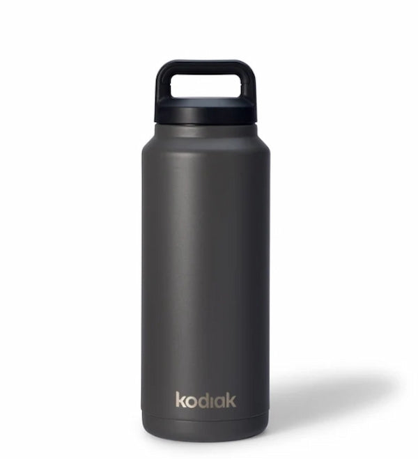Black insulated bottle with black lid on a white background, featuring the Kodiak brand.