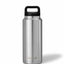 Stainless steel water bottle with black cap on a white background