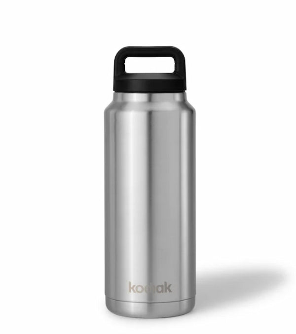 Stainless steel water bottle with black cap on a white background