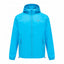 A bright blue hooded jacket with a full front zipper and zippered hand pockets, shown against a plain white background.