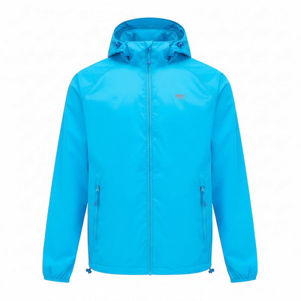A bright blue hooded jacket with a full front zipper and zippered hand pockets, shown against a plain white background.
