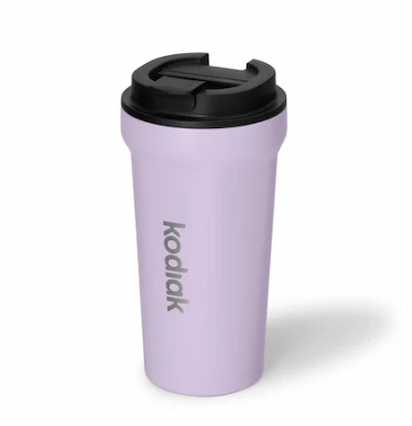 Purple travel mug with black lid on a white background