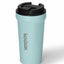 Light blue travel mug with black lid on a white background