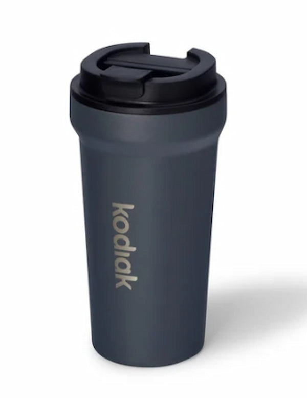 Dark gray travel mug with black lid on a white background