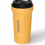 Yellow travel mug with black lid on a white background