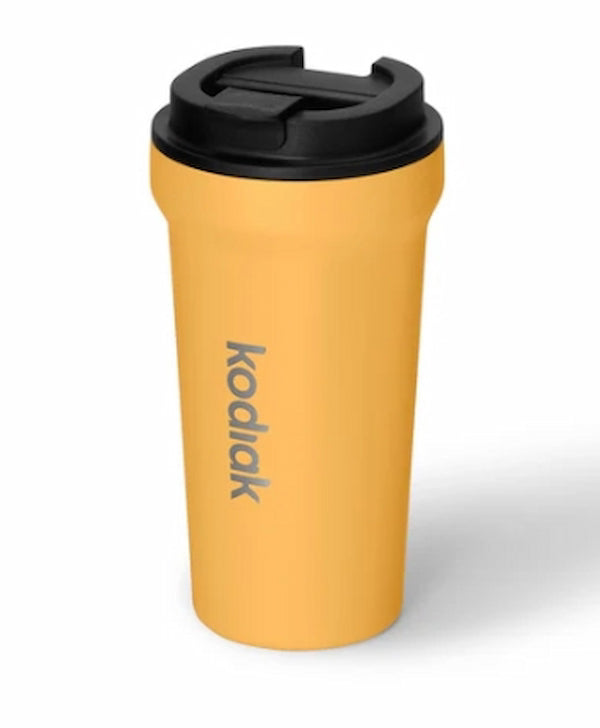 Yellow travel mug with black lid on a white background