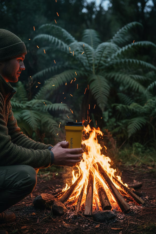 Person holding a yellow mug over a campfire in a forest setting