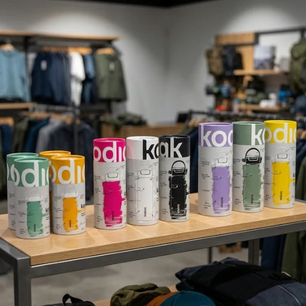 Colorful Koozie product packaging on a table with a store setting in the background