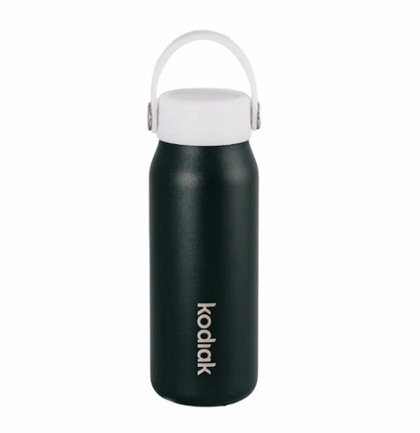 Black water bottle with white cap on a white background