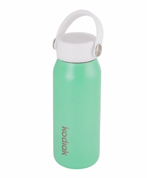 Mint green water bottle with white lid on a white background