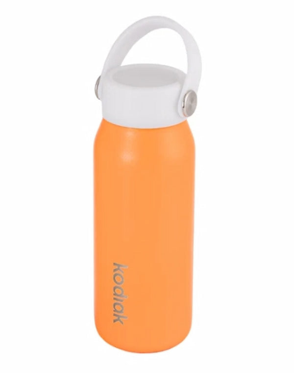 Orange water bottle with white lid on a white background