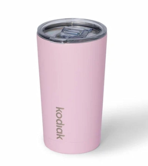 Pink tumbler with a clear lid on a white background, featuring the Kodiak brand.