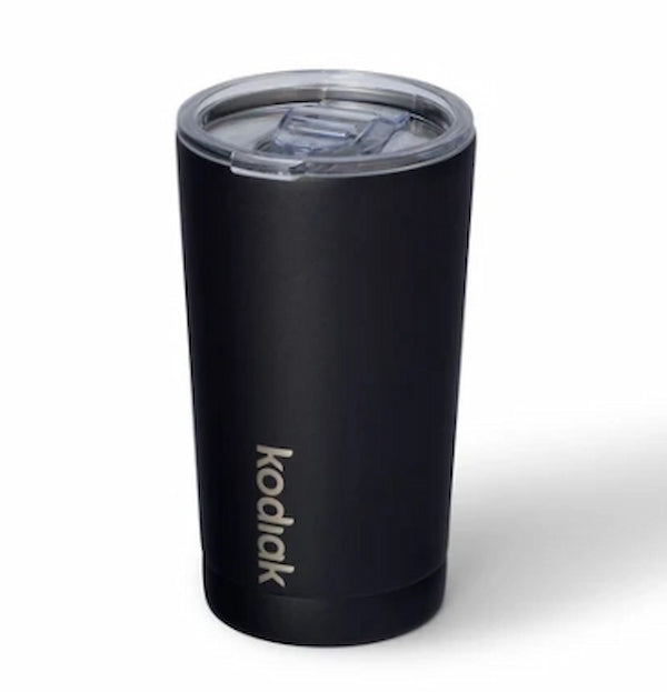 Black insulated tumbler with clear lid on a white background, featuring the Kodiak brand.