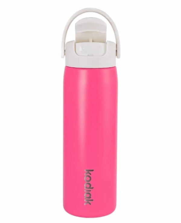 Pink water bottle with white cap on a white background