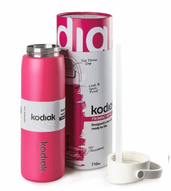 Pink insulated bottle with white cap and 'Kodiak' branding next to its packaging on a white background.