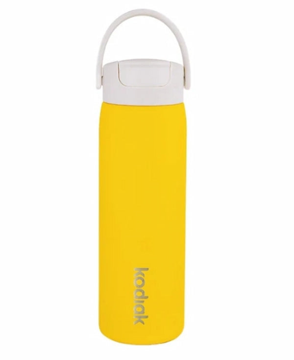 Yellow water bottle with white lid on a white background