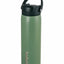 Green water bottle with black lid on a white background
