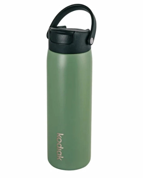 Green water bottle with black lid on a white background