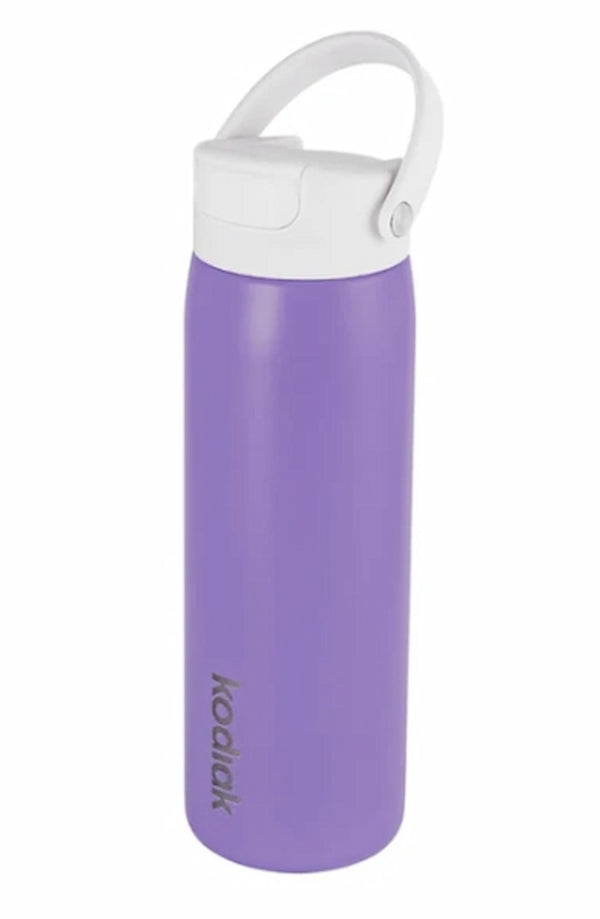Purple water bottle with a white lid on a white background