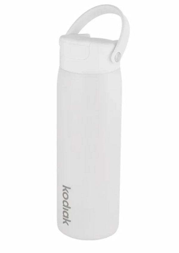 White insulated bottle with a carabiner on a white background