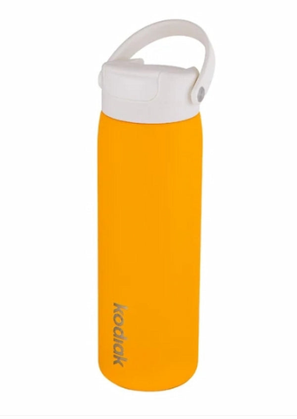 Orange water bottle with white cap on a white background