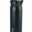 Black insulated water bottle with handle on a white background