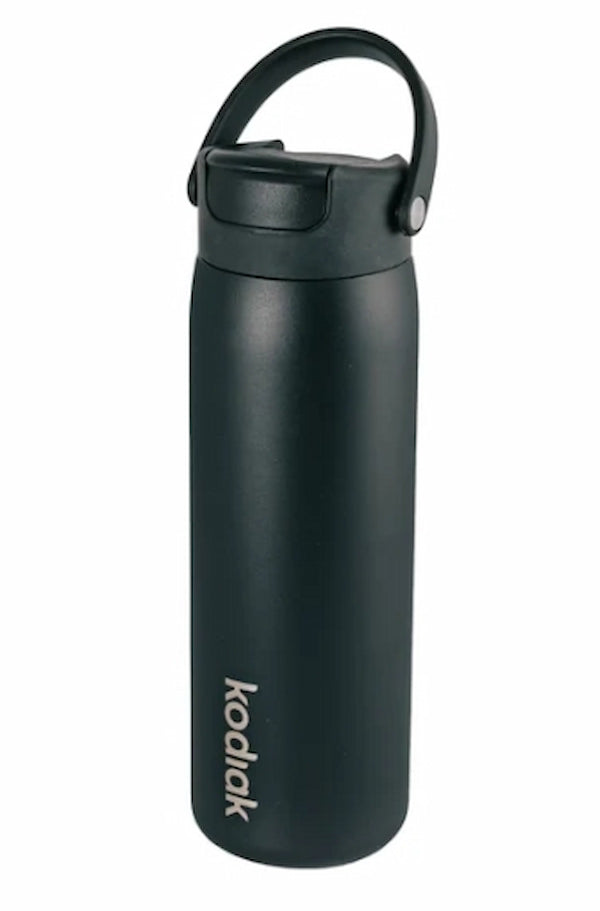 Black insulated water bottle with handle on a white background