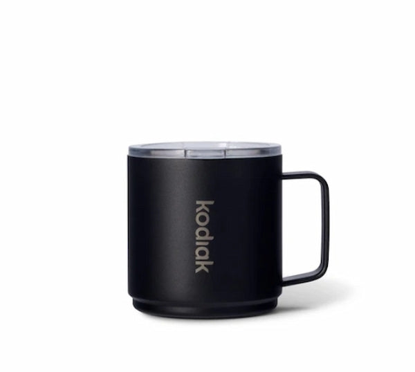 Black insulated mug with 'kodiak' branding on a white background