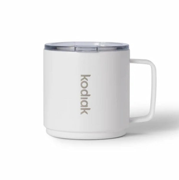 White insulated mug with 'Kodiak' branding on a white background
