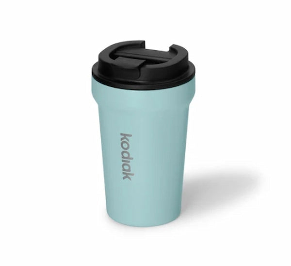 Light blue travel mug with black lid on a white background