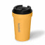 Yellow travel mug with black lid on a white background