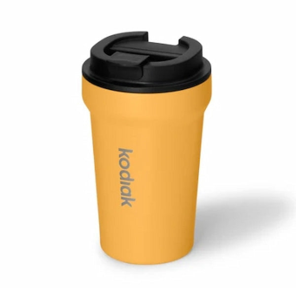 Yellow travel mug with black lid on a white background