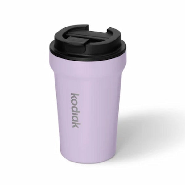 Purple travel mug with black lid on a white background