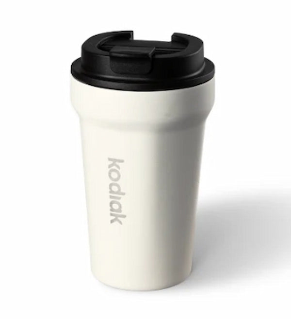 White tumbler with black lid on a white background, featuring the Kodiak brand.