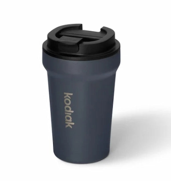 Dark gray travel mug with black lid on a white background