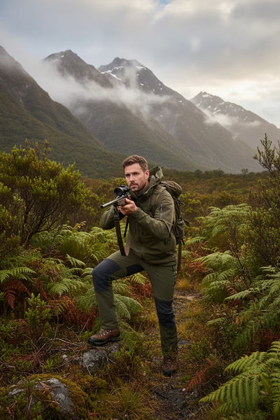 Man in camouflage gear holding a rifle in a mountainous forest