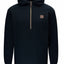 Black hoodie with a small brown patch on a white background