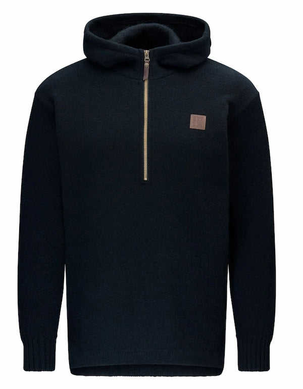 Black hoodie with a small brown patch on a white background