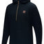 Black hoodie with a small logo on the chest against a white background