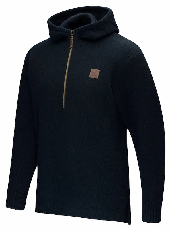 Black hoodie with a small logo on the chest against a white background