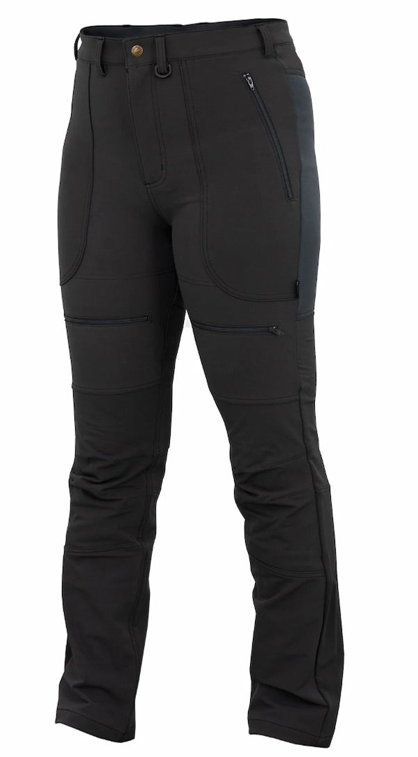 Black pants with zippers and pockets on a white background