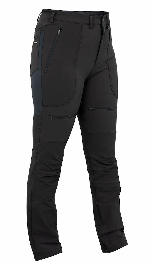 Black pants with zippers and pockets on a white background