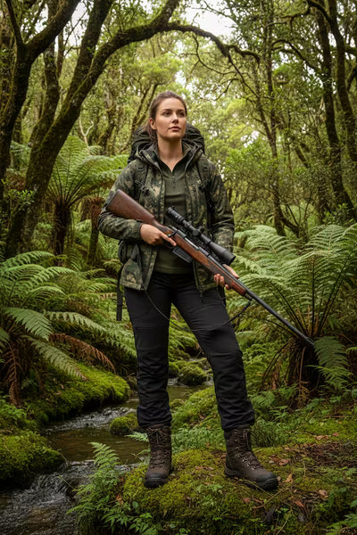 Person in camouflage clothing holding a rifle in a forest setting